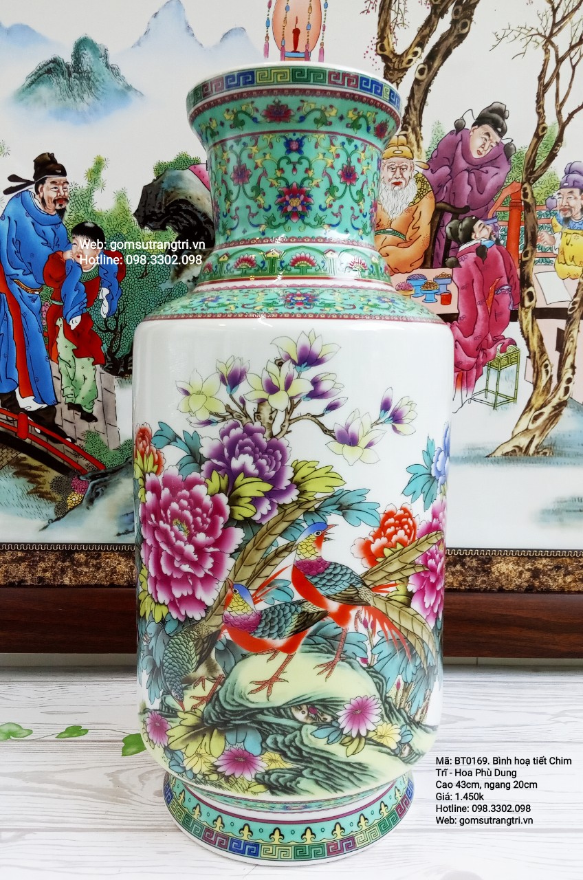 Bình hoa họa tiết Chim Trĩ Hoa Phù Dung